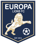 Europa Lions FC logo 2023, featuring a lion with a soccer ball, navy background.