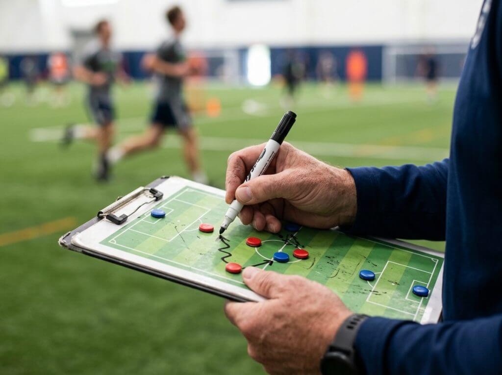 Coach strategizing with clipboard on indoor soccer field, planning tactics for training session.