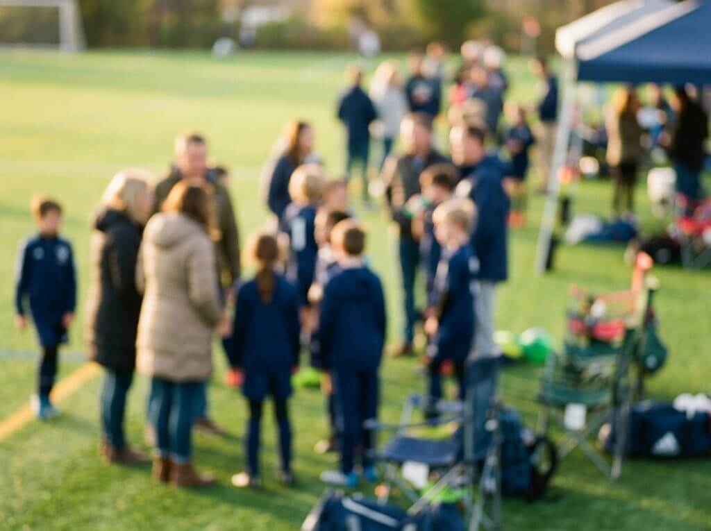 Blurred image of people mingling at an outdoor sports event, green field, casual attire, social gathering.