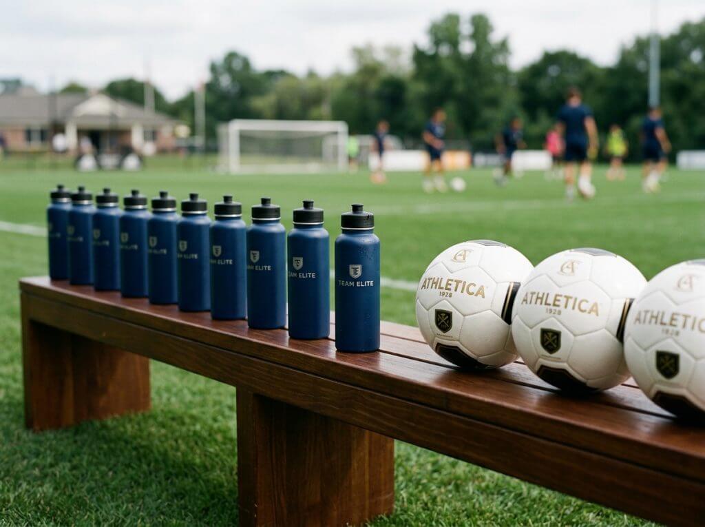 Soccer field bench with Team Elite water bottles and Athletica soccer balls, players practicing in the background.