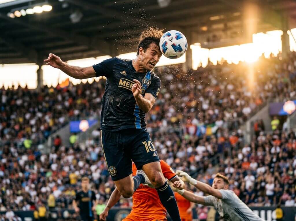 Soccer player heading ball in intense match, crowd cheering, stadium sunset.
